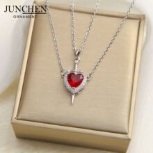 跨境欧美一箭穿心项链铜镀18K金红色爱心匕首情侣情人节礼物饰品