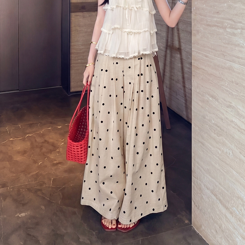 Thirteen Lines 2026 Summer White Label Elegant High-Waisted Polka Dot Straight-Leg Draped Wide-Leg Casual Pants for Women K88017 Thirteen Lines 2026 Summer White Label Elegant High-Waisted Polka Dot Straight-Leg Draped Wide-Leg Casual Pants for Women K88017