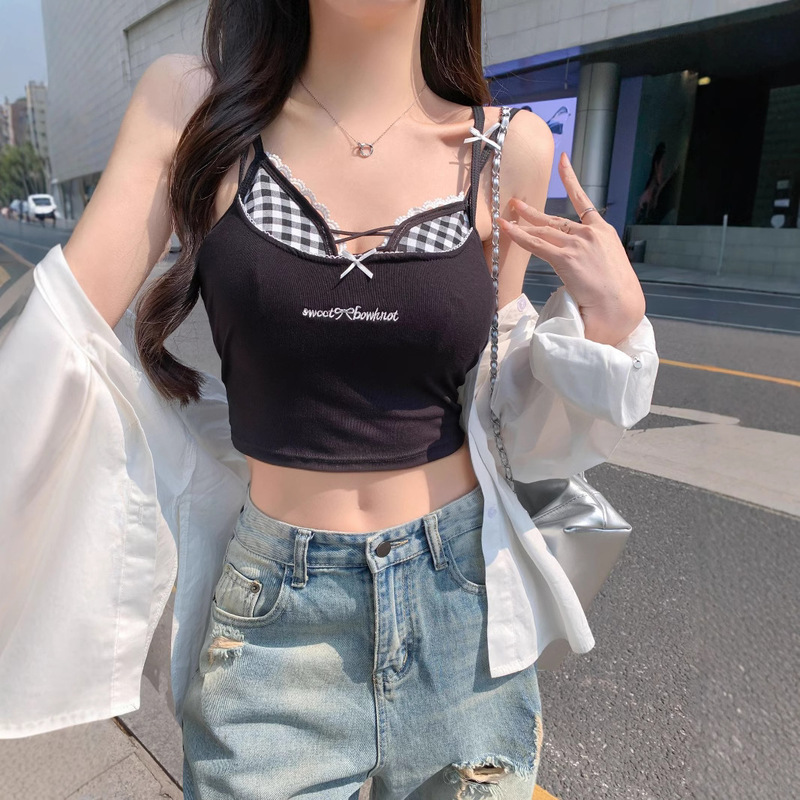 862 # Rayon Vitality Dopamine Color Check Cross Bra Camisole Pure Desire Hot Girl Fake Two-Piece Small Top for Women