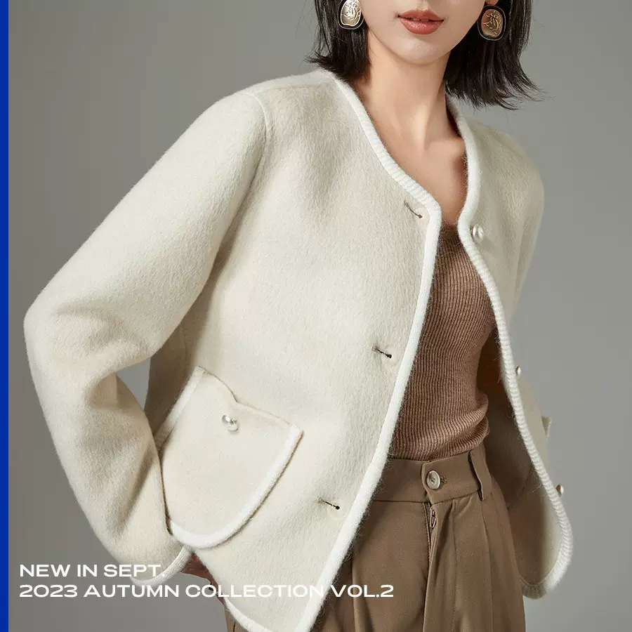 2025秋冬新款10驼绒纯色无领珍珠扣老钱风短款奢感包边毛呢外套女