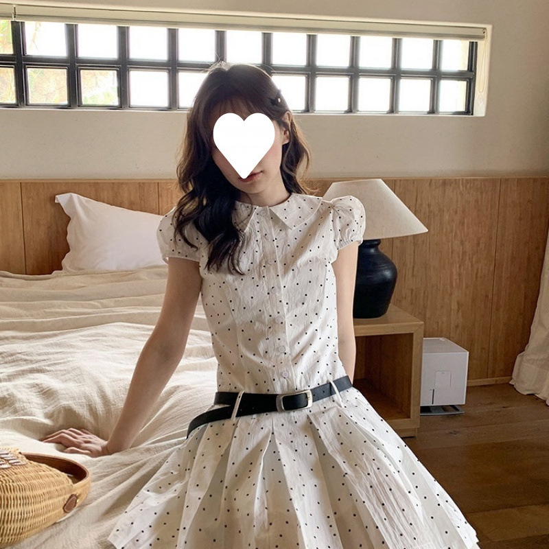 French-Style Polka Dot Puff Sleeve Waist-Cinching Ruched Dress for Women, Niche Summer Affordable Turn-Down Collar Elegant A-Line Short Dress French-Style Polka Dot Puff Sleeve Waist-Cinching Ruched Dress for Women, Niche Summer Affordable Turn-Down Collar Elegant A-Line Short Dress