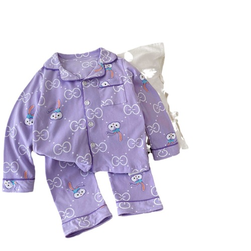 Hucai Autumn/Winter New Children's Cartoon Crew Neck Casual Comfortable 100% Cotton Open Front Pajama Set Home Clothing Set