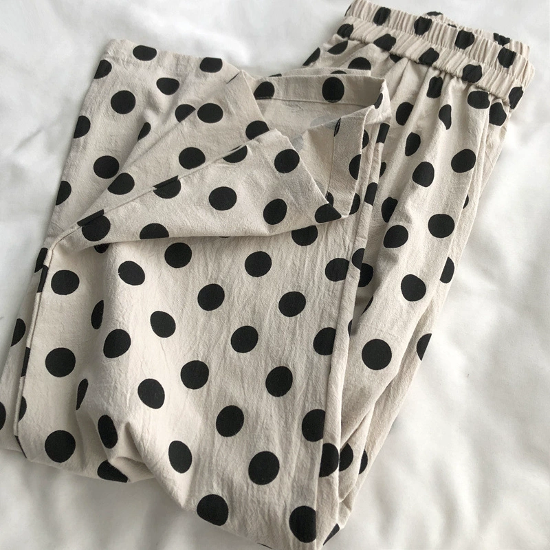 Художественные повседневные прямые брюки из хлопка в горошек/12 штук для женщин, летние универсальные свободные укороченные брюки с эластичной резинкой на талии для миниатюрных фигур.