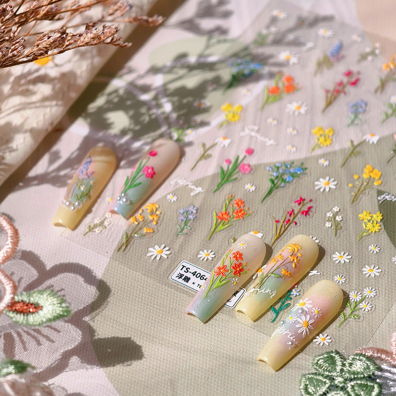 Iron Spring Day Pastoral Oil Painting Gradient Floral Nail Art Stickers Ts4064 French Style Rhinestone Fairy Adhesive Nail Stickers