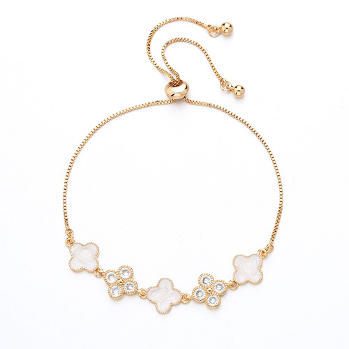 Live broadcast lucky four-leaf clover champagne gold bracelet for women, light luxury fashion imitation mother-of-pearl glue pull-down adjustment bracelet