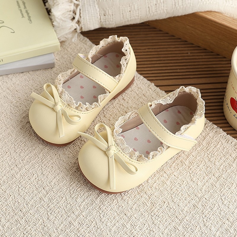 Girls Lace Trimmed Bow Leather Shoes Soft Soled Mary Jane Princess Style New Spring Autumn Versatile Kids Footwear_voghion.com