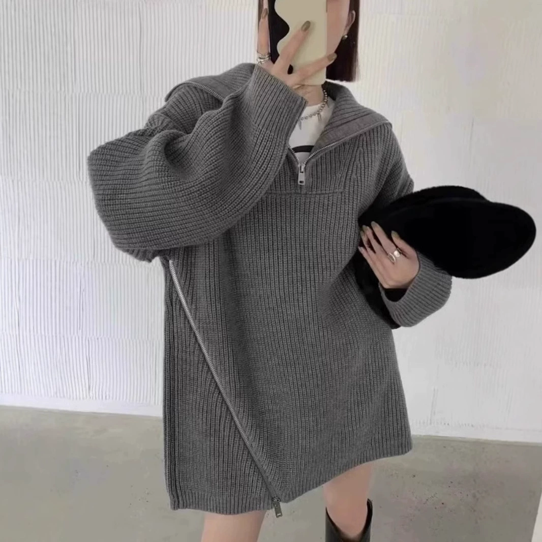 Свитер с высоким воротником женский осенний и зимний новый толстый средний длинный дизайн на молнии
