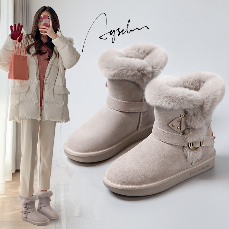 Botas de nieve Augu Shiden para mujer, nuevas botas de invierno 2025 a media pantorrilla, botines cortos, zapatos de invierno con suela gruesa y forro de algodón afelpado