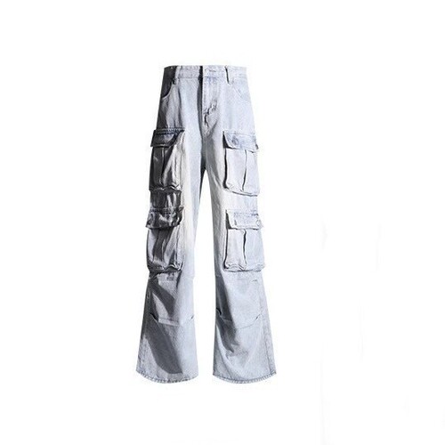 High-Heeled Vintage American Workwear Denim Jeans for Men Loose American Street Style Multi-Pocket Wide-Leg Floor-Length Pants Trendy