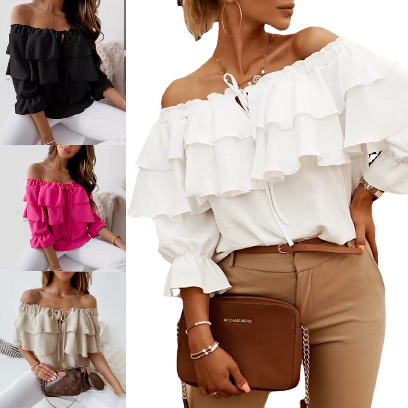 2025 Cross-Border One-Line Collar Chiffon Shirt for Women Elastic Shoulder Lace-Up Ruffle Top for Women Casual Loose Mid-Sleeve Women's Clothing