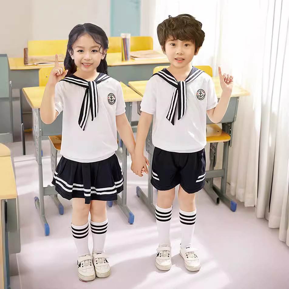 幼儿园园服中小学生男女童海军风校服短袖套装夏装儿童演出服