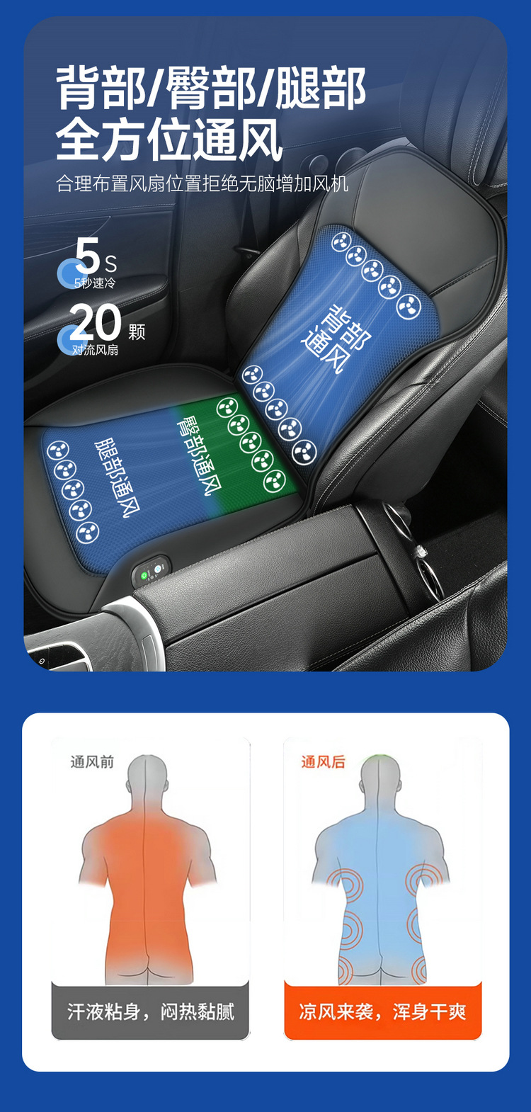 Summer New Model Slim Waist Car Seat Ventilation Pad 12V Cigarette Lighter USB Fan Massage Cooling Pad Ice Silk
