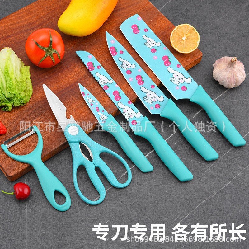 Comercio exterior venta caliente impresión de dibujos animados de acero inoxidable seis piezas conjunto de cuchillos de cocina conjunto de cuchillos de regalo conjunto de cuchillos