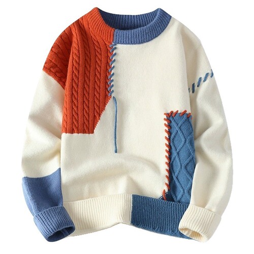 Autumn/Winter Color Block Stitched Individual Sewn Crew Neck Knit Sweater, Thick Men's Lazy Style Couple Hooded Sweater