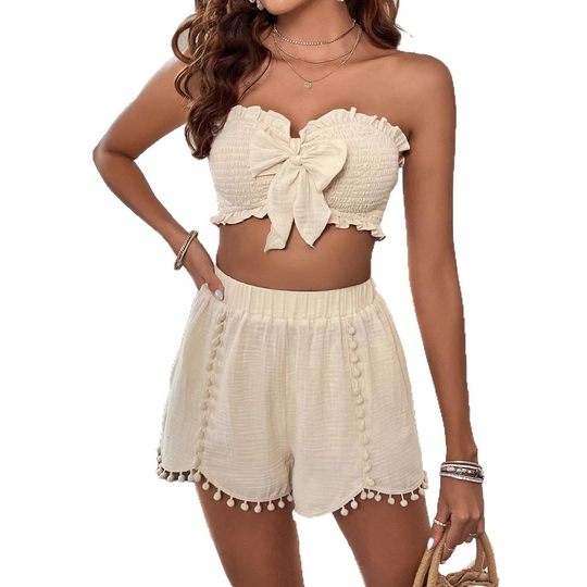2025 Foreign Trade Wholesale Summer New European and American Casual Vacation Bow Tube Top Women's Shorts Suit Two-Piece Set