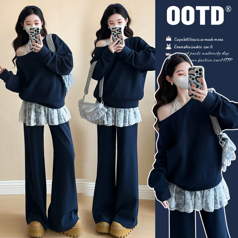 Реальный выстрел 2025 новая мода дизайн чувство косые плечи свитера набор свиной носовой пряжки регулировки кружева