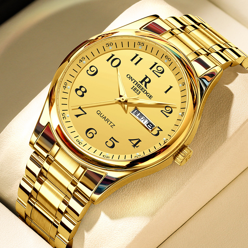 Middle-Aged and Elderly Watches Gold Luminous Large Dial Women's Waterproof Dual Calendar Large Character Watch for the Elderly Men's Quartz