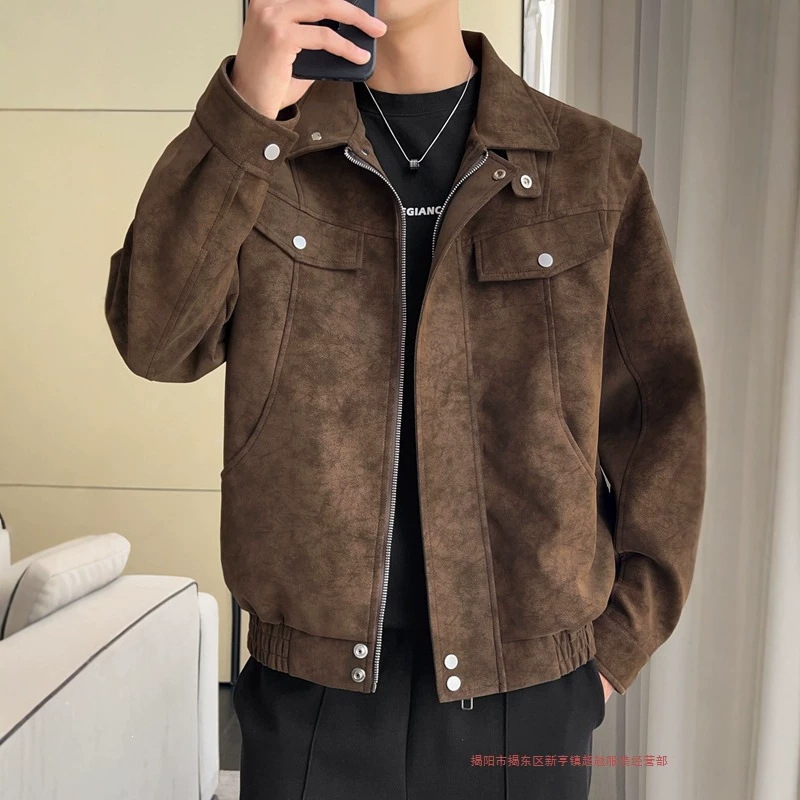 Autumn Lapel Jacket Men's Outerwear 2025 New Style Jacket Top Outerwear Loose Fit Youth Solid Color Trendy Leather Jacket