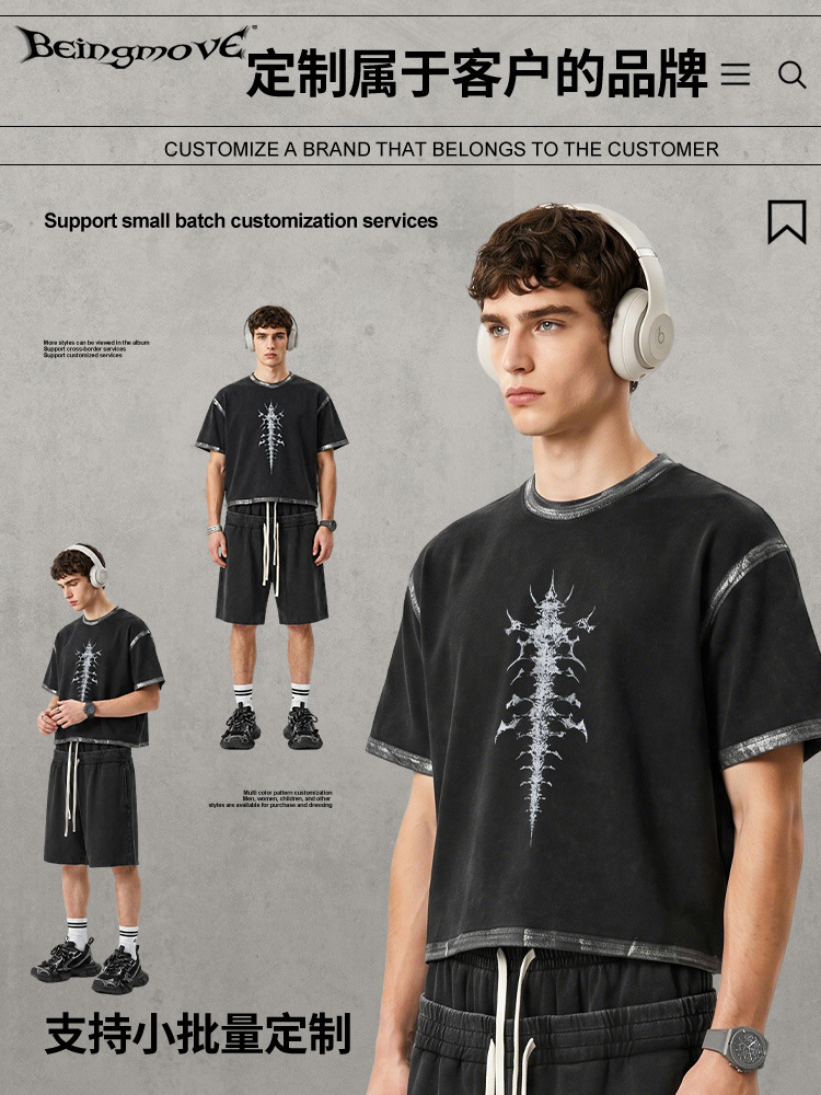 Calle secada| Marca de moda americana retro impresión callejera cuello redondo mangas cortas pesadas camiseta larga larga larga camiseta para hombre