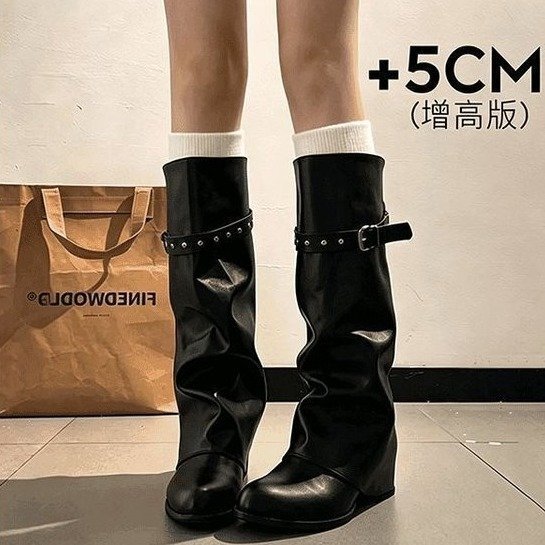 5cm height-increasing black pointed-toe long boots, new autumn style, with a stacked design, belt buckle, chunky heel, and wide leg opening 5cm height-increasing black pointed-toe long boots, new autumn style, with a stacked design, belt buckle, chunky heel, and wide leg opening