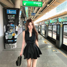 黑色辣妹收腰蕾丝连衣裙女夏季纯欲风裙子