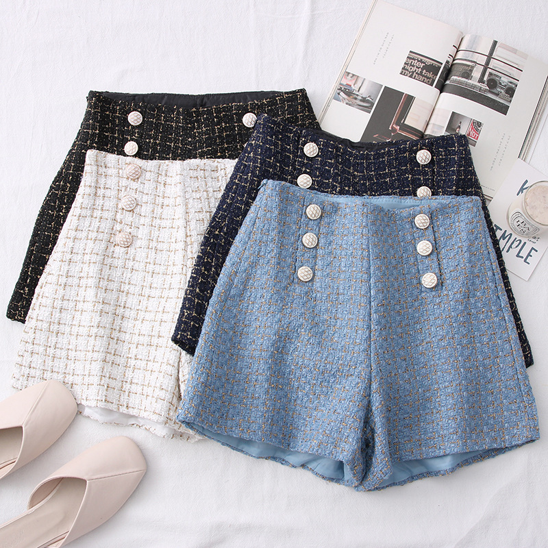 Foreign Trade 2025 New Fashion Versatile Tweed High-Waisted Slimming Plaid Double-Breasted Shorts Wide-Leg Pants