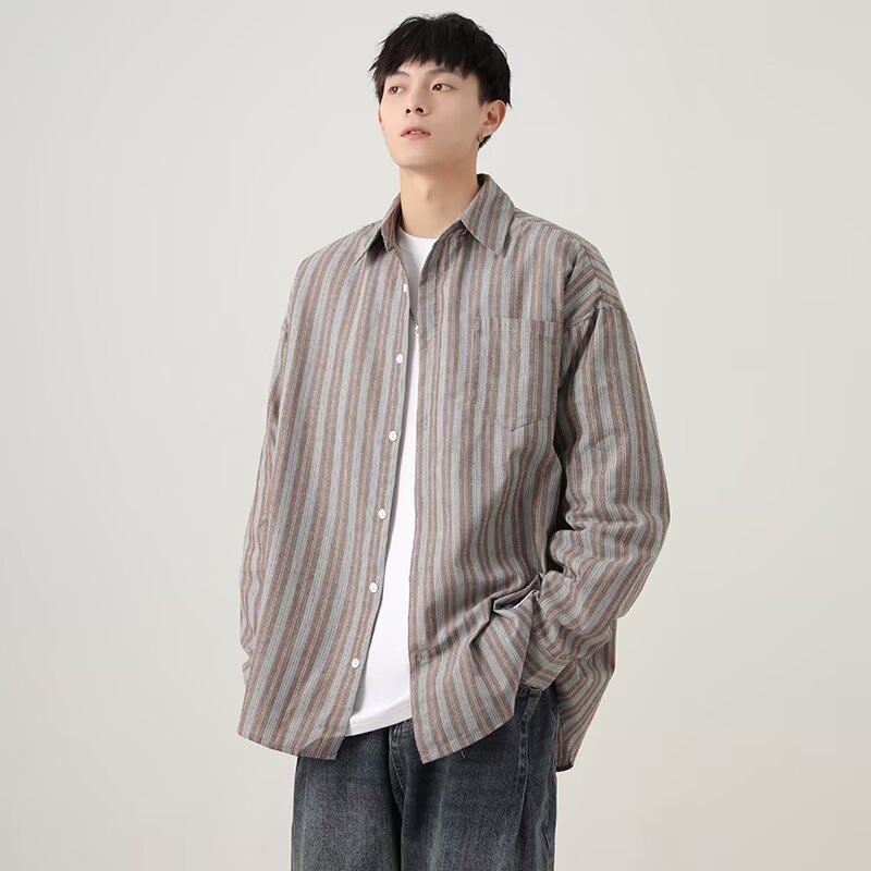 Farbblockierende vertikale Streifen für Herren im Frühling und Herbst, neuer Stil, lockere, lässige, personalisierte Hemdjacke_voghion.com