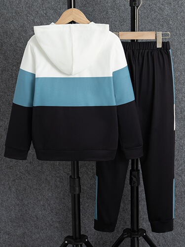 Boy's 2-piece set, casual patchwork hooded sweatshirt and pants, long-sleeved zip-up top, with pockets, polyester