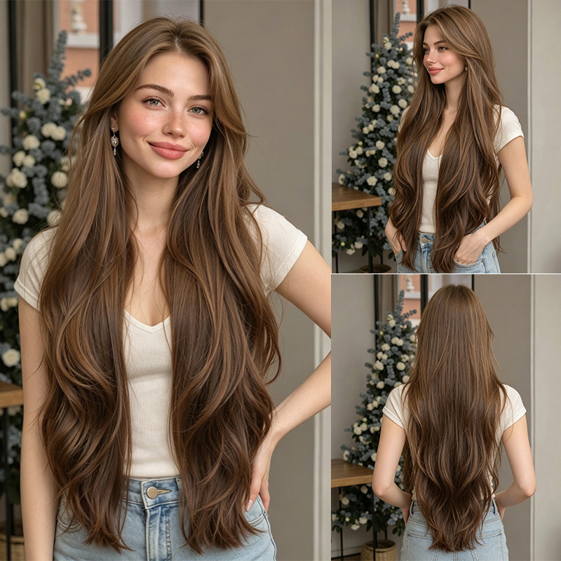 Women's Full Wig with Middle Parting, High-Layered, Slightly Curly Hair, Honey Tea Color, Long Curly, Holiday Style, Amazon Cross-Border Wig Women's Full Wig with Middle Parting, High-Layered, Slightly Curly Hair, Honey Tea Color, Long Curly, Holiday Style, Amazon Cross-Border Wig