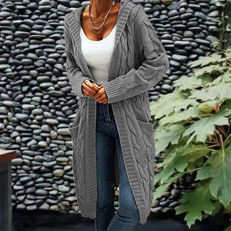 Aguja gruesa de las mujeres europeas y americanas transfronterizas Otoño e Invierno de las mujeres color sólido suelto más tamaño doble bolsillo Twist sweater cardigan Coat