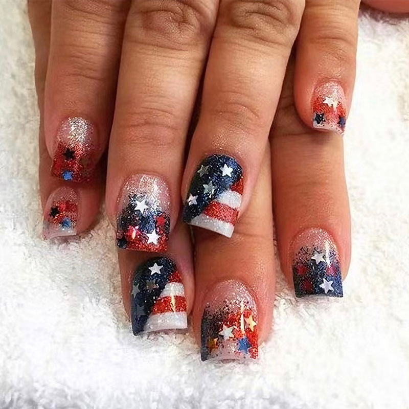 American Independence Day Short White Flashing Flag Design with Five-Pointed Star and Stripe Nail Art Nail Tips American Independence Day Short White Flashing Flag Design with Five-Pointed Star and Stripe Nail Art Nail Tips