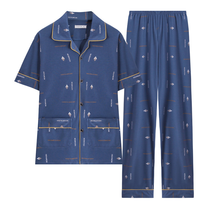 100% pijamas de algodón de manga larga de los hombres sueltos más tamaño aguja pequeño collar inverso joven y de mediana edad de primavera y otoño ropa de casa manga corta tejida