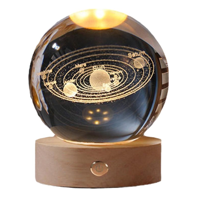 Base de madera con carga táctil, bola de cristal grabada en 3D con diseño de luna, luz nocturna, adorno luminoso creativo para escritorio, regalo corporativo.