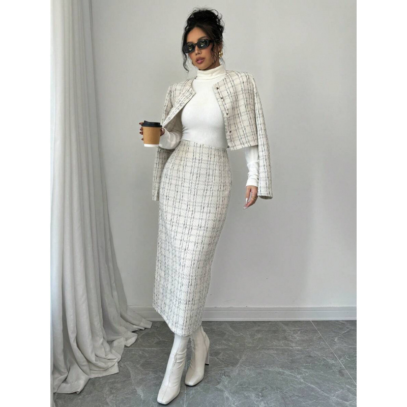 Cross-border Amazon European and American 2026 Autumn New Elegant Plaid Short Jacket and Women's Chic Skirt Two-Piece Set