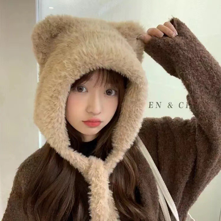 クマのニット帽、かわいいウールのぬいぐるみ、女性の秋冬の万能韓国版、暖かいぬいぐるみ、大きな頭囲、小さな顔|undefined