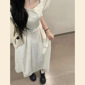 新中式国风泡泡袖连衣裙子女夏季新款小众设计超好看收腰长裙