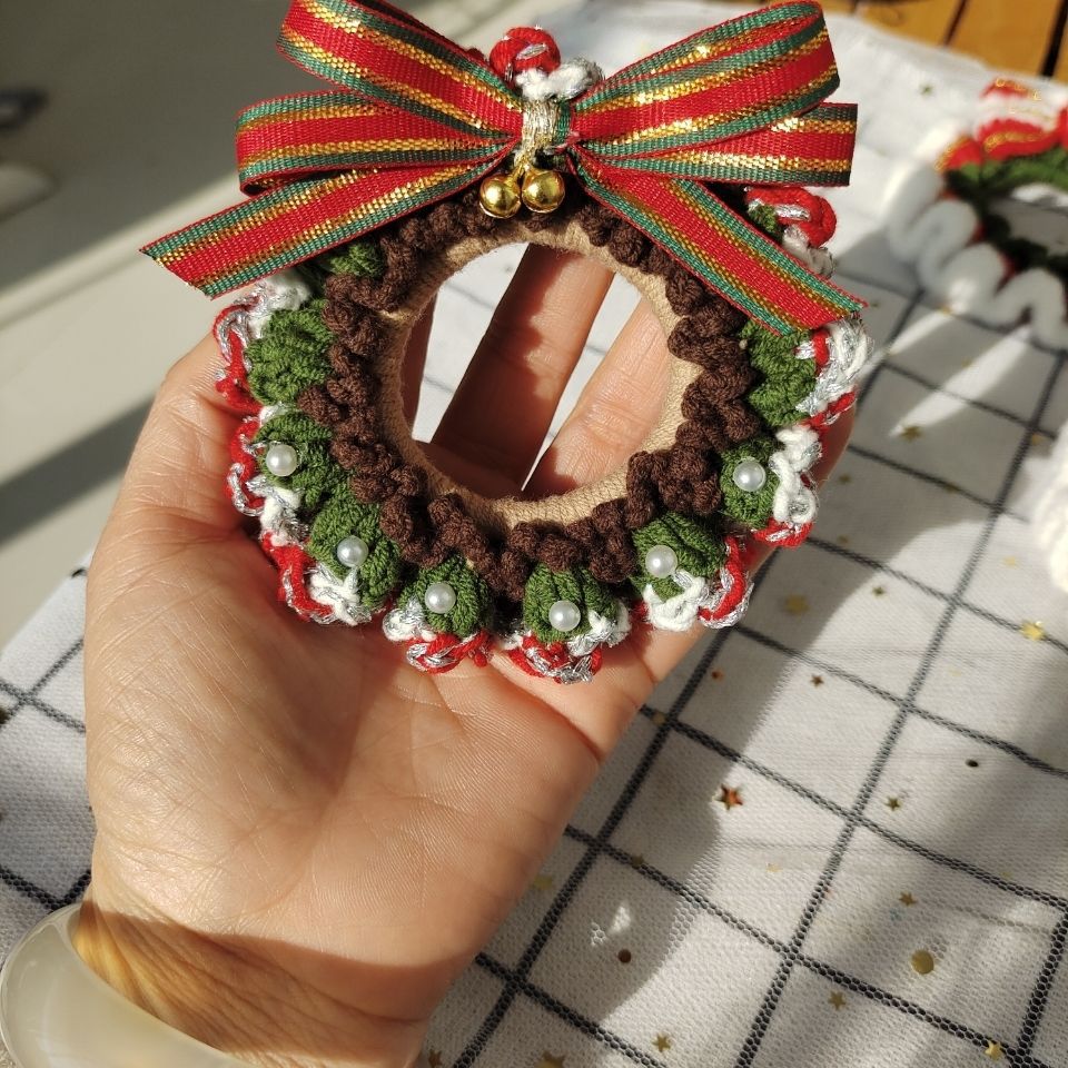 新款圣诞发圈成品手工编织铃铛发圈