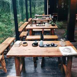 侘寂风喝茶桌老榆木复古餐桌茶室泡茶桌禅意办公会客桌风化木板桌