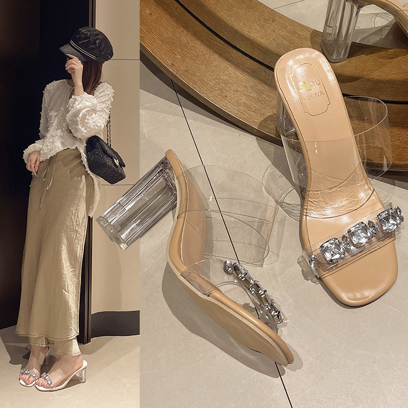 Rhinestone Transparent Crystal Sandals For Women, 2025 Summer New Style, One-Strap High-End Chunky Heel Slippers, High_vogvips.com