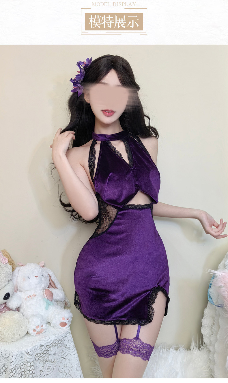 Hollow-Out Halter Cheongsam Costume Set with Purple Polyester Uniform Pajamas — detail image 8
