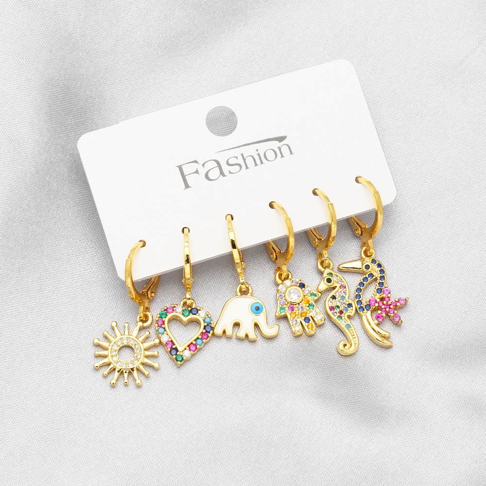 Fashion Heart Shape Elephant Copper Drop Earrings Inlay Zircon Copper Earrings 6 Pieces