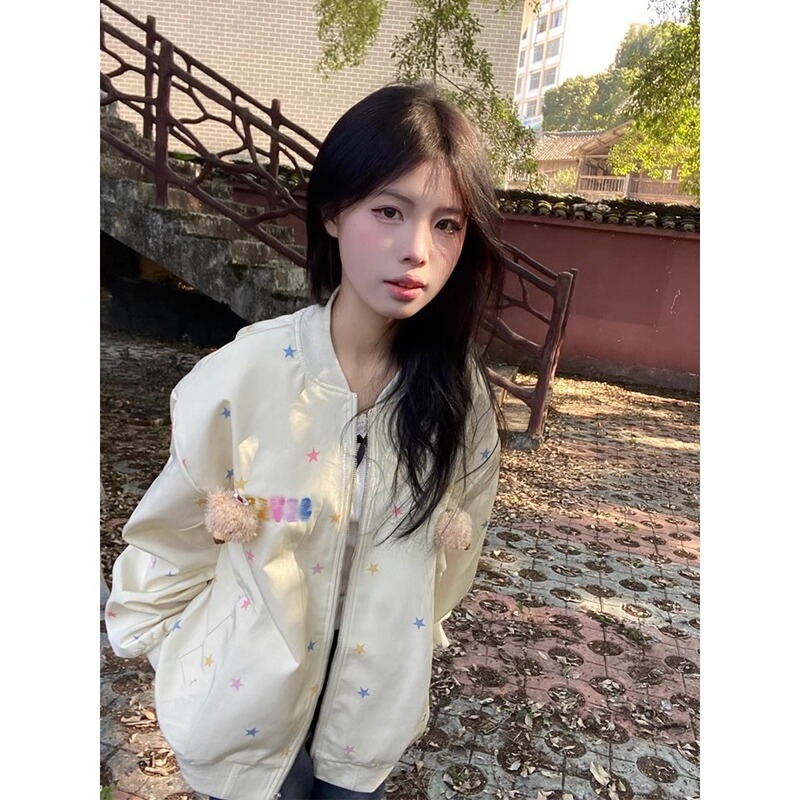 Cross-Border Cute Star-Printed Baseball Jacket for Women, Spring Sweet Petite Loose Bear Cardigan Cross-Border Cute Star-Printed Baseball Jacket for Women, Spring Sweet Petite Loose Bear Cardigan