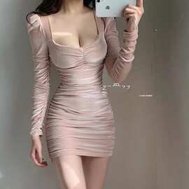 ZZ骨ZZ 新款甜美淑女气质春季低胸V领褶皱显瘦包臀性感长袖连衣裙