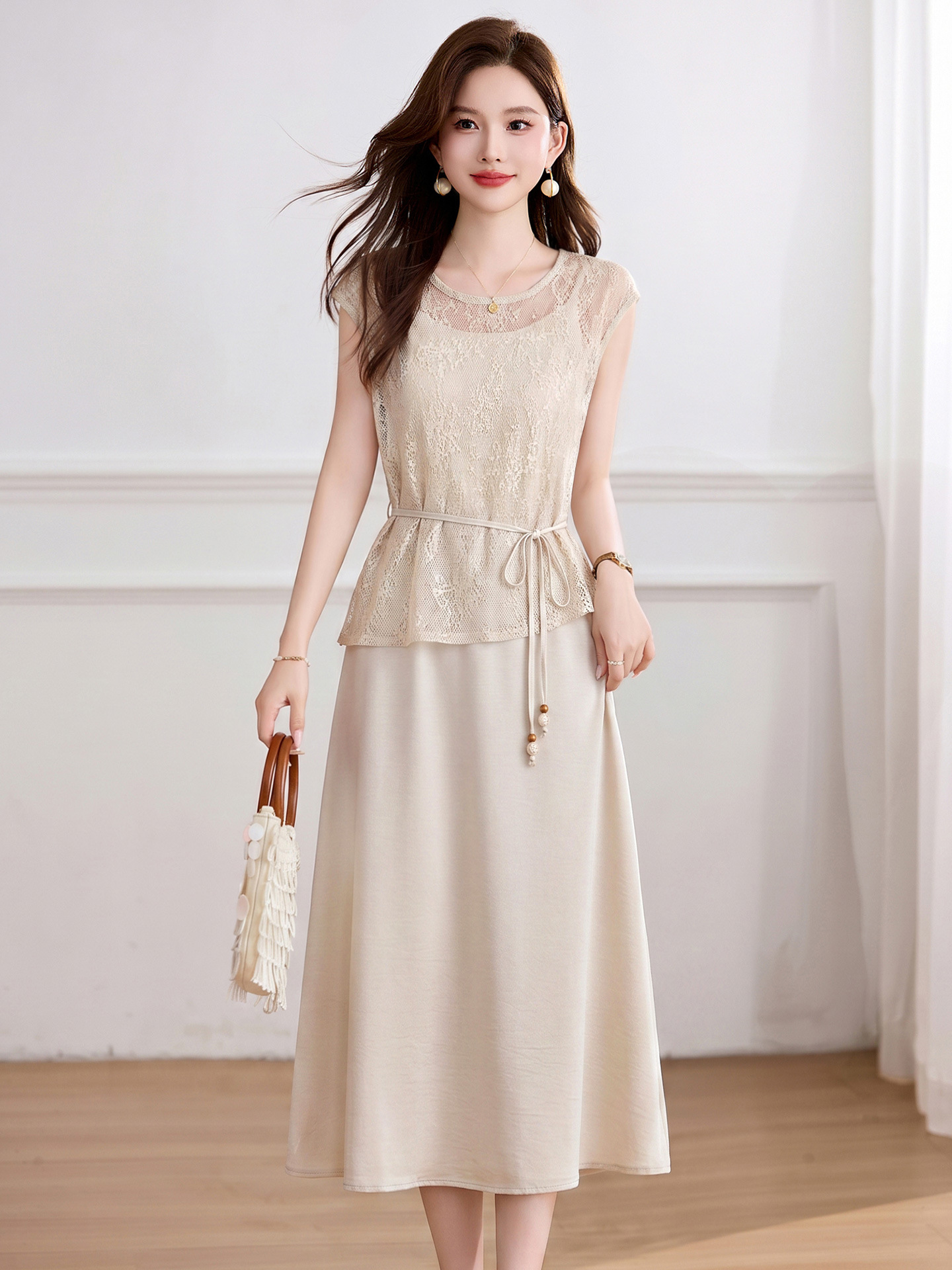 Đầm maxi nữ hai dây thắt eo thanh lịch mùa hè JX2619 — màu xám, màu mơ