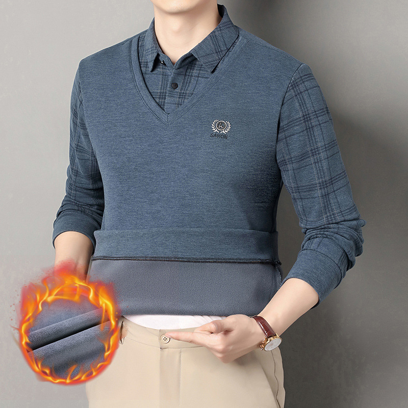 남성용 겨울 옷깃이 있는 푹신하고 두꺼운 가짜 2피스 폴로 셔츠, 뽕나무 실크 따뜻한 니트 스웨터 바텀 셔츠 남성용