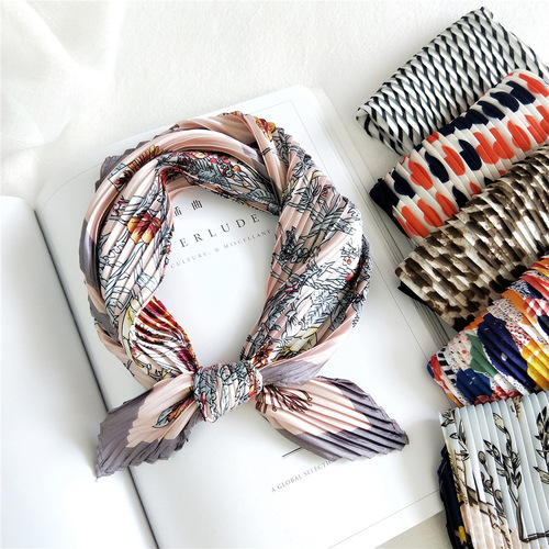 53 pleated small square scarf small silk scarf for women spring autumn summer Korean style headscarf work professional fashion scarf scarf