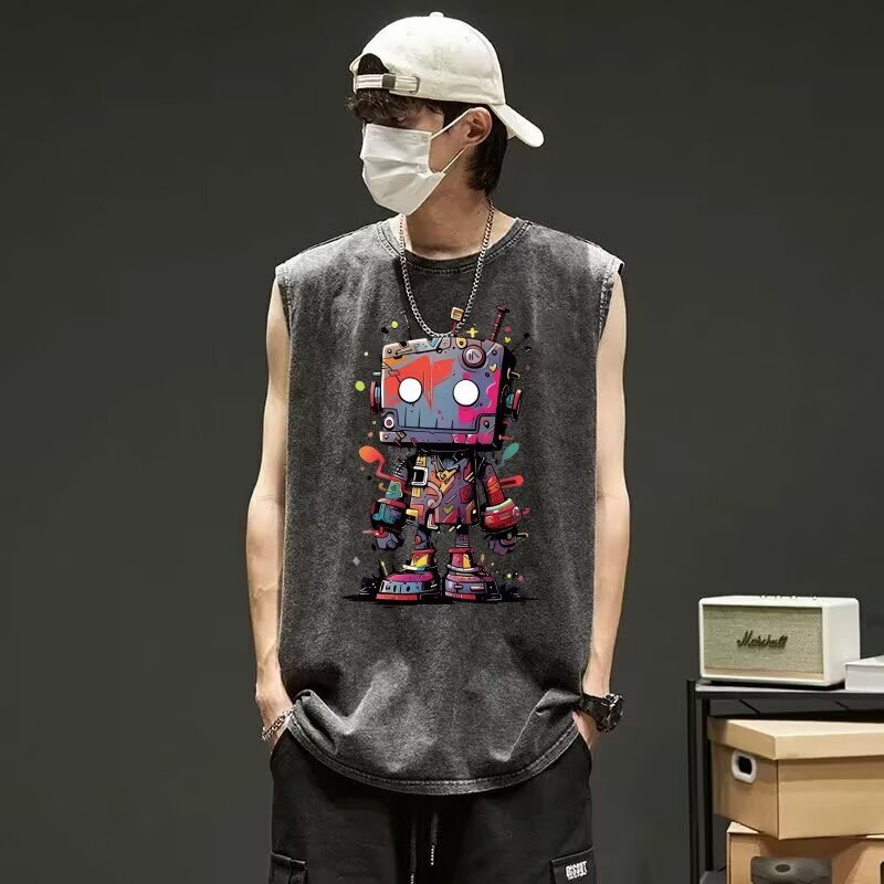 Cross-border Summer Heavy Korean Fashion Trend INS Trendy Men's Sleeveless Top Milk Silk Dressed Printed Vest Cross-border Summer Heavy Korean Fashion Trend INS Trendy Men's Sleeveless Top Milk Silk Dressed Printed Vest