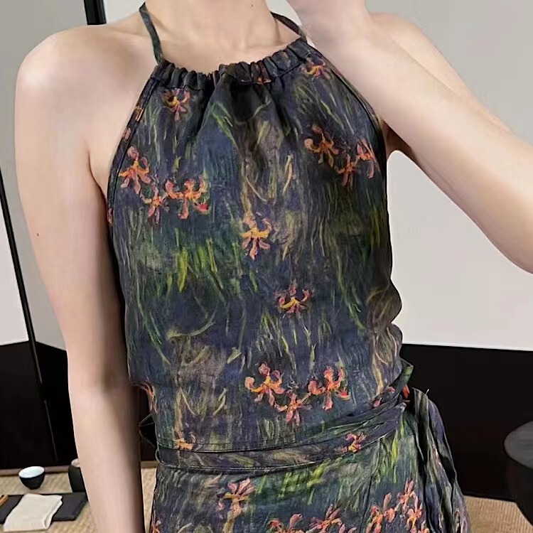 2024 New Chinese Printed Linen Hanging Neck Camisole Women's Summer Outer Wear Sexy Design Short Top