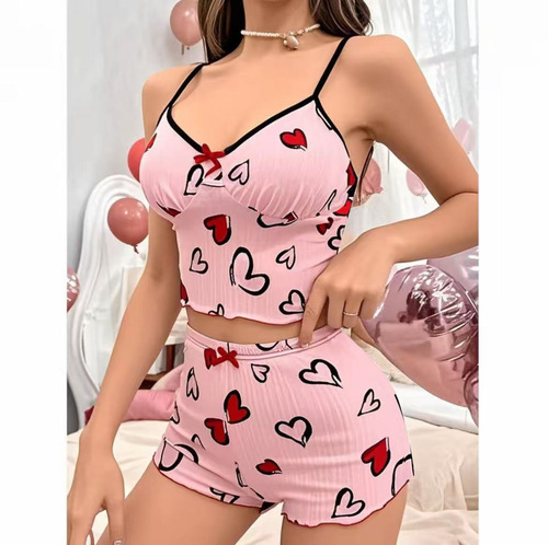 Elegant Women's Heart Print Contrast Color Homecoming Set with Sexy Strapless Pajama Top and Bottom