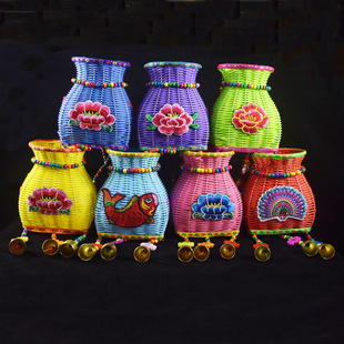 Ethnic style small basket color plastic woven basket back basket wind chime double shoulder color children's basket decorative pendant